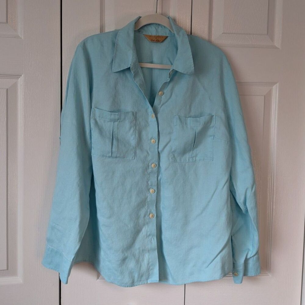 Investments Gold Label Lightweight Lagenlook Button Down Top 100% Hemp Blue XL